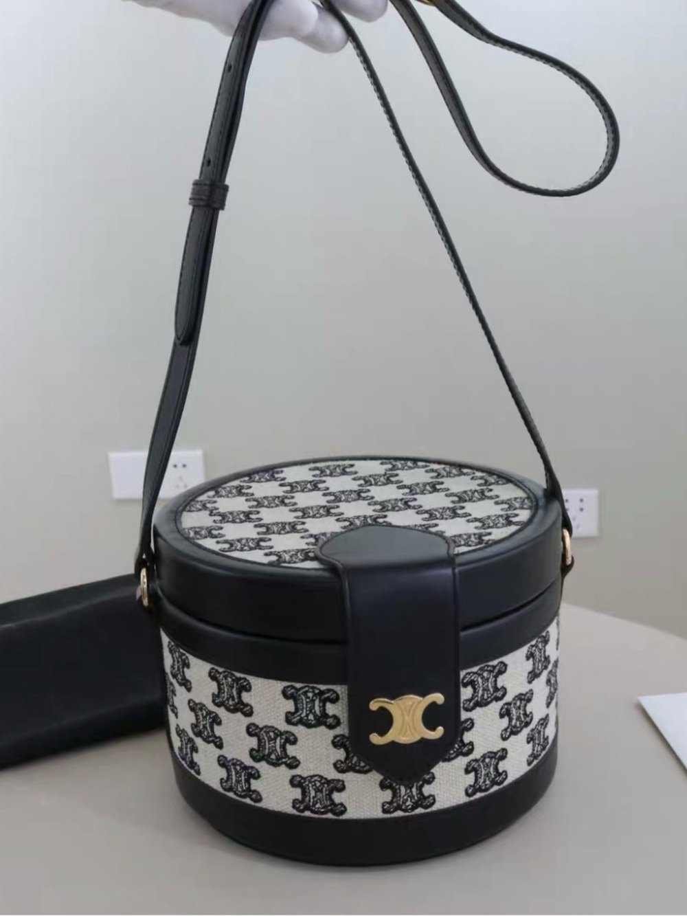 Celine Black and Beige Triomphe Canvas Round Crossbody Bag